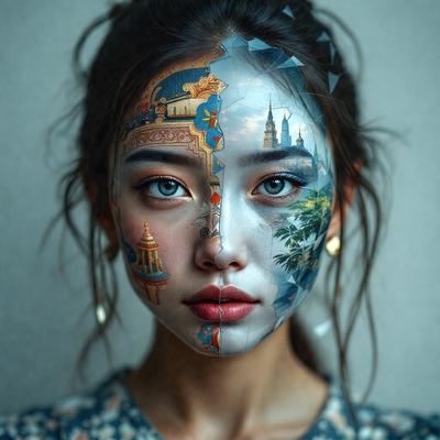The primary subject of the image is a woman with a face painted in two different colors, creating a visually striking effect. The setting is a gray background, which contrasts with the vibrant colors of the face paint. The visual style of the image is a combination of photo and digital art, as it appears to be a close-up of the woman's face with a creative and artistic touch. The colors and mood of the image are bold and striking, with the woman's face painted in two contrasting colors